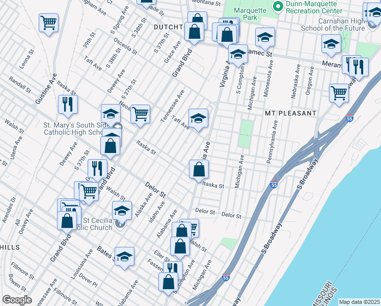map of restaurants, bars, coffee shops, grocery stores, and more near 4636 Alaska Avenue in St. Louis