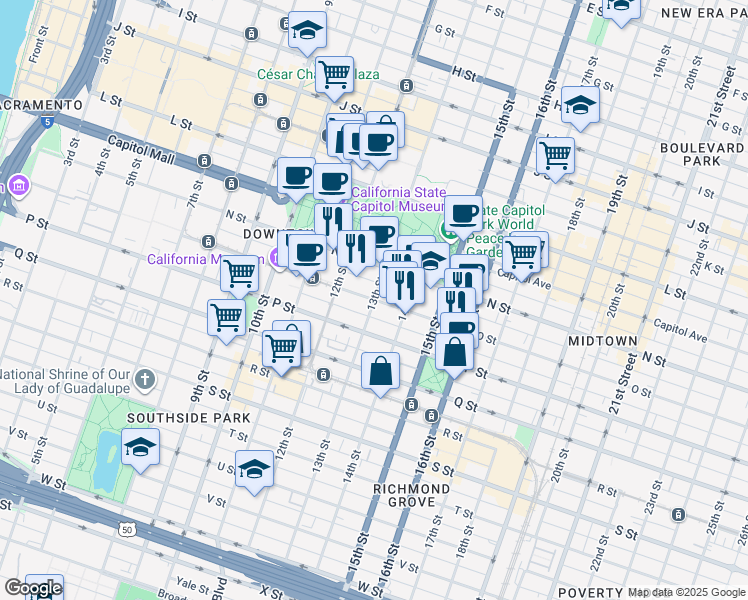map of restaurants, bars, coffee shops, grocery stores, and more near 13th St & O St in Sacramento