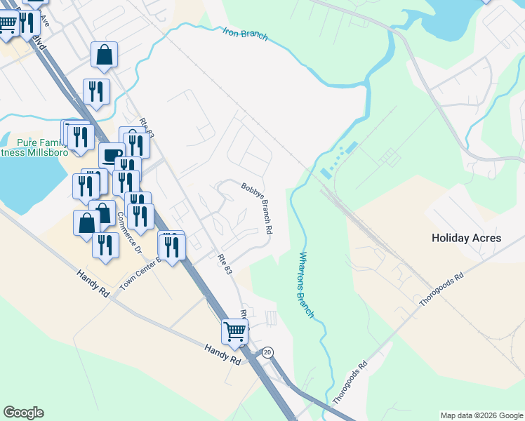 map of restaurants, bars, coffee shops, grocery stores, and more near 164 Bobbys Branch Road in Millsboro