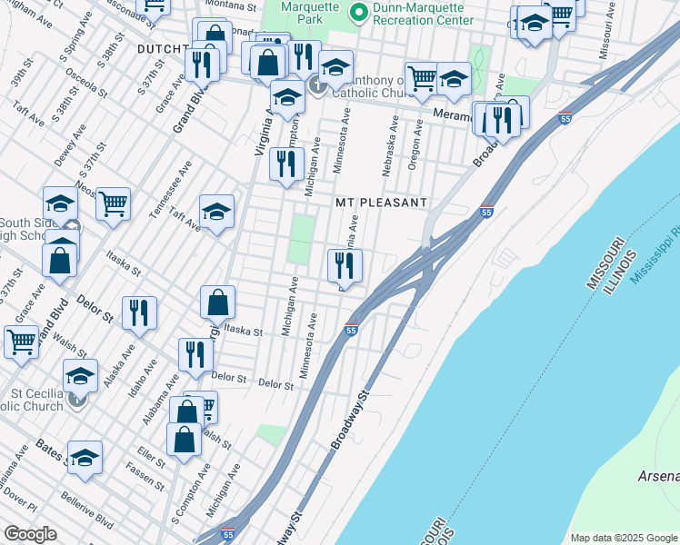 map of restaurants, bars, coffee shops, grocery stores, and more near 4533 Pennsylvania Avenue in St. Louis