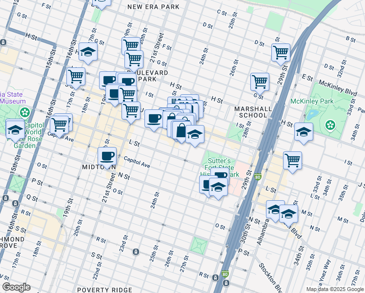 map of restaurants, bars, coffee shops, grocery stores, and more near 2416 K Street in Sacramento