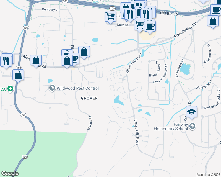 map of restaurants, bars, coffee shops, grocery stores, and more near 16600 Jubilee Hill Spur in Wildwood