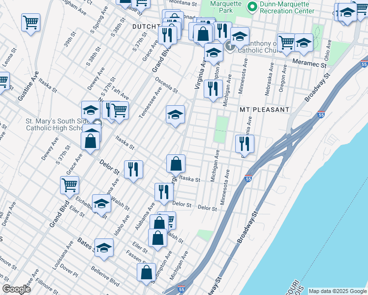 map of restaurants, bars, coffee shops, grocery stores, and more near 4554 Virginia Avenue in St. Louis