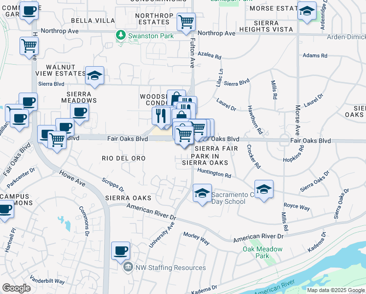 map of restaurants, bars, coffee shops, grocery stores, and more near 2580 Fair Oaks Boulevard in Sacramento