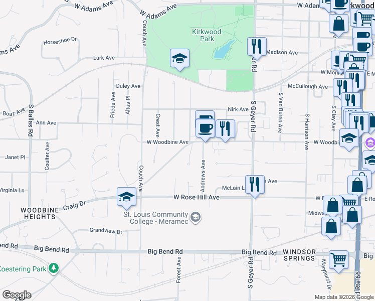 map of restaurants, bars, coffee shops, grocery stores, and more near 707 Craig Drive in Kirkwood