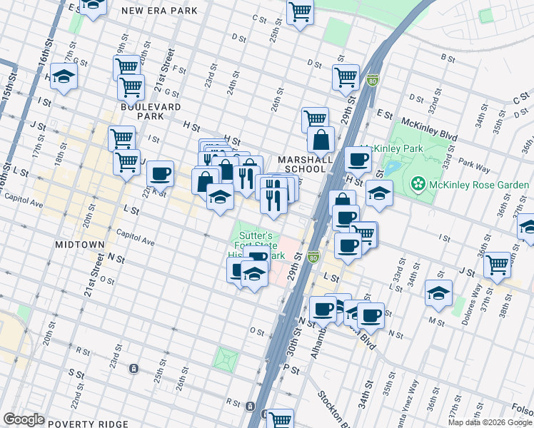 map of restaurants, bars, coffee shops, grocery stores, and more near 2708 J Street in Sacramento