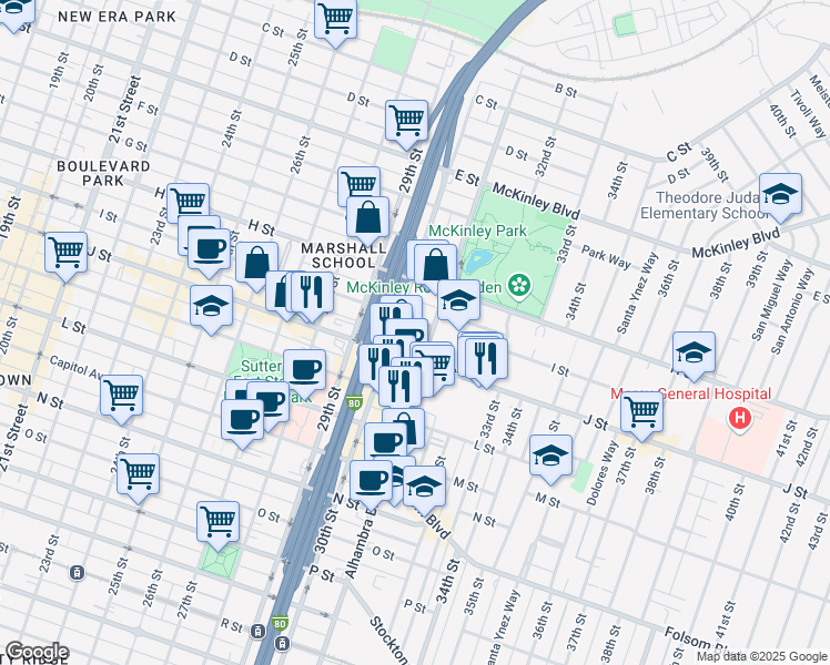 map of restaurants, bars, coffee shops, grocery stores, and more near 3014 I Street in Sacramento
