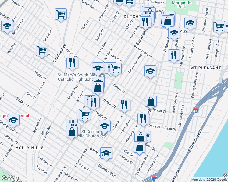 map of restaurants, bars, coffee shops, grocery stores, and more near 3550 Itaska Street in St. Louis