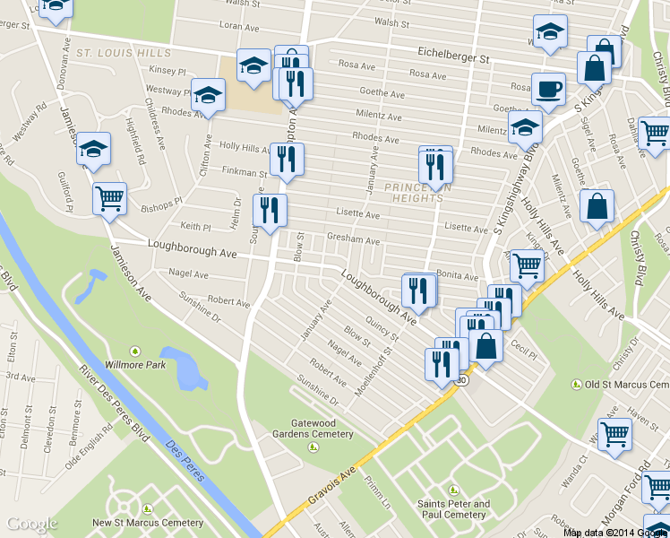map of restaurants, bars, coffee shops, grocery stores, and more near 6431 Quincy Street in St. Louis