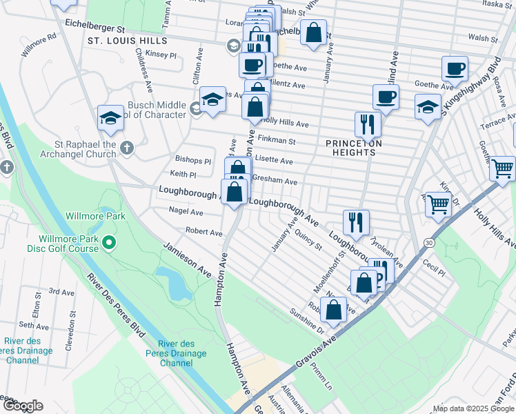 map of restaurants, bars, coffee shops, grocery stores, and more near 5472 Loughborough Avenue in St. Louis