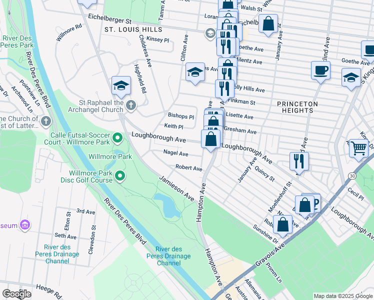 map of restaurants, bars, coffee shops, grocery stores, and more near 5926 Loughborough Avenue in St. Louis