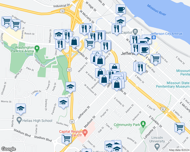 map of restaurants, bars, coffee shops, grocery stores, and more near 316 West Tanner Way in Jefferson City