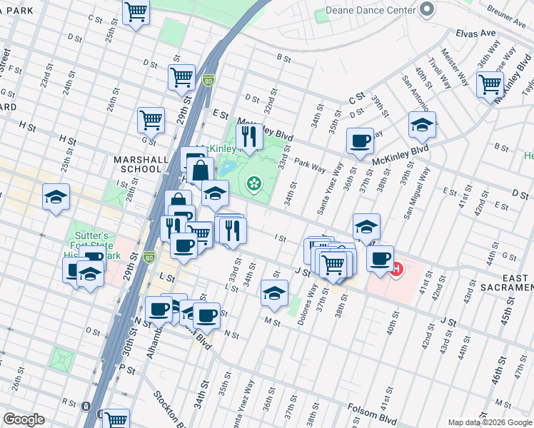 map of restaurants, bars, coffee shops, grocery stores, and more near 3360 H Street in Sacramento
