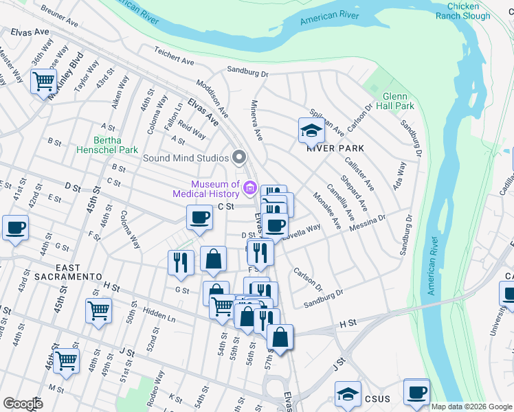map of restaurants, bars, coffee shops, grocery stores, and more near Elvas Ave & C St in Sacramento