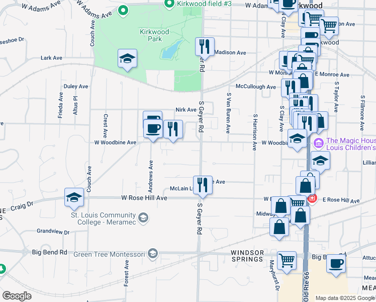 map of restaurants, bars, coffee shops, grocery stores, and more near 528 West Woodbine Avenue in Kirkwood