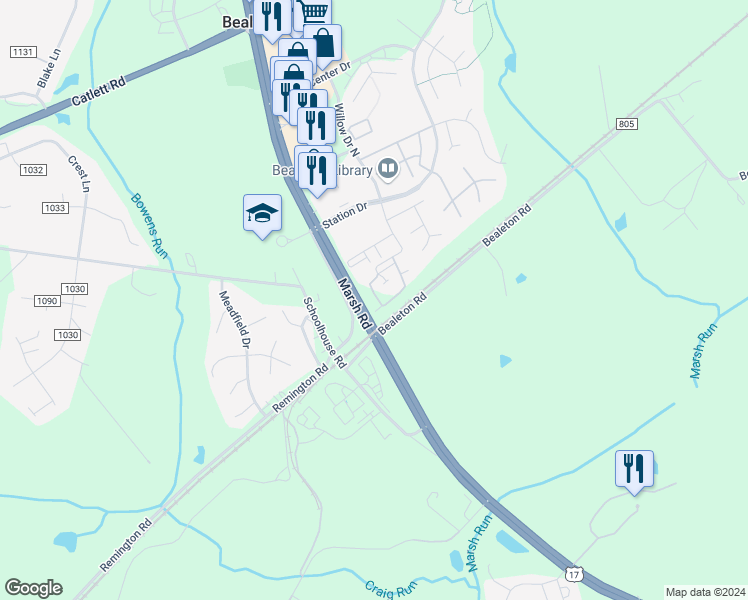 map of restaurants, bars, coffee shops, grocery stores, and more near 6207 Willow Place in Bealeton