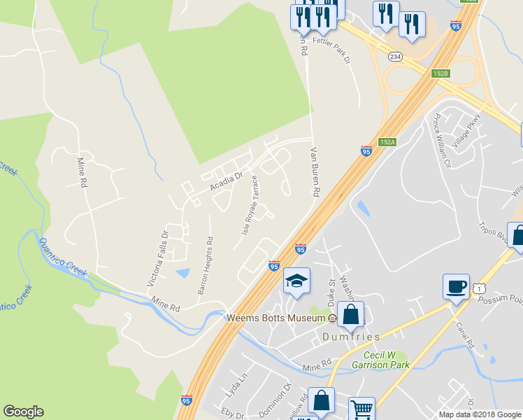 map of restaurants, bars, coffee shops, grocery stores, and more near 4088 Yellow Stone Loop in Dumfries
