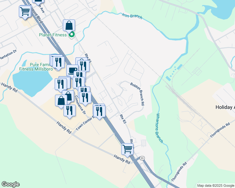 map of restaurants, bars, coffee shops, grocery stores, and more near 100 Alexandreas Court in Millsboro