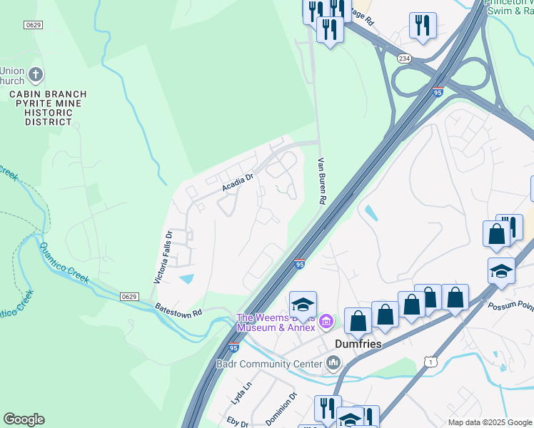 map of restaurants, bars, coffee shops, grocery stores, and more near 4088 Yellow Stone Loop in Dumfries