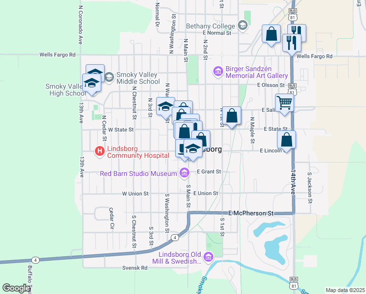map of restaurants, bars, coffee shops, grocery stores, and more near 105 North Main Street in Lindsborg