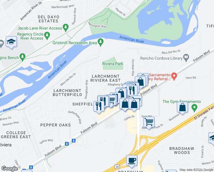 map of restaurants, bars, coffee shops, grocery stores, and more near 9564 Appalachian Drive in Sacramento