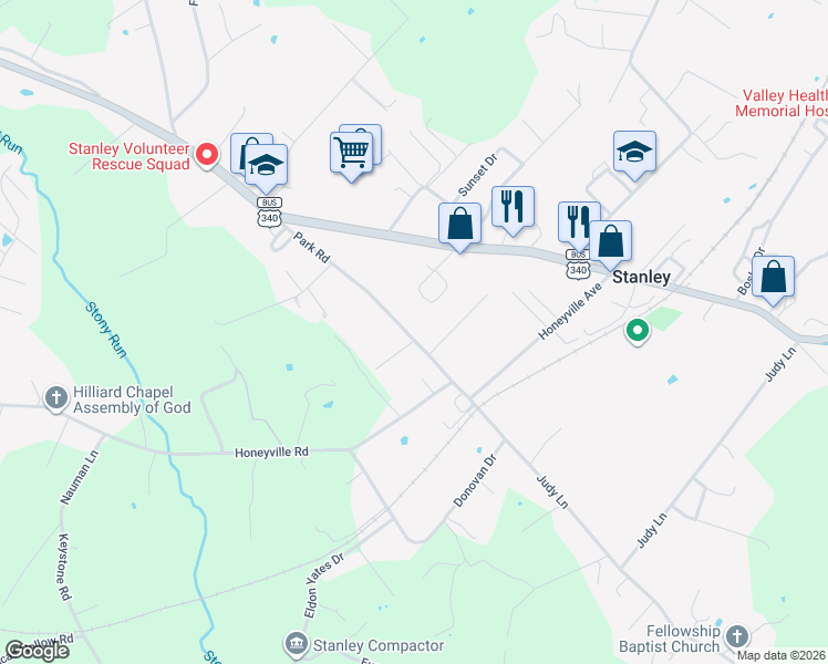 map of restaurants, bars, coffee shops, grocery stores, and more near 553 Park Road in Stanley