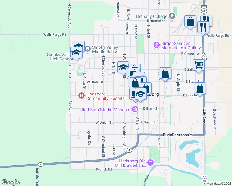 map of restaurants, bars, coffee shops, grocery stores, and more near 226 West Lincoln Street in Lindsborg