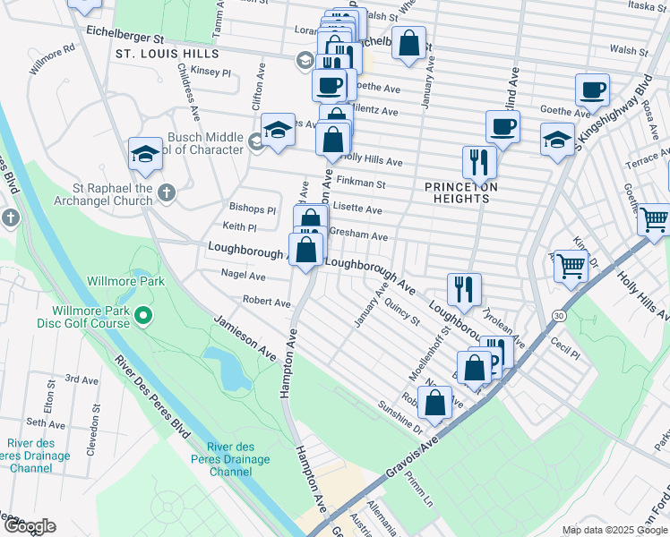 map of restaurants, bars, coffee shops, grocery stores, and more near 5472 Loughborough Avenue in St. Louis