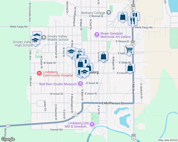 map of restaurants, bars, coffee shops, grocery stores, and more near 125 East Lincoln Street in Lindsborg