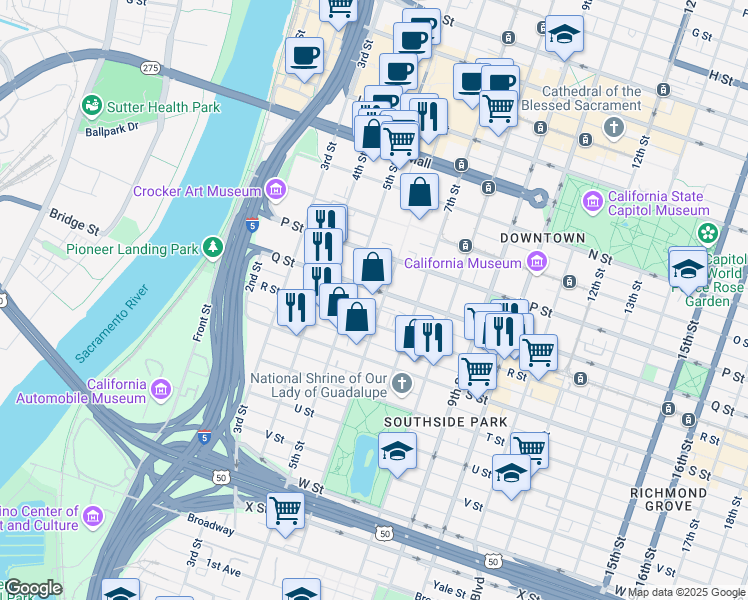 map of restaurants, bars, coffee shops, grocery stores, and more near 530 Q St in Sacramento