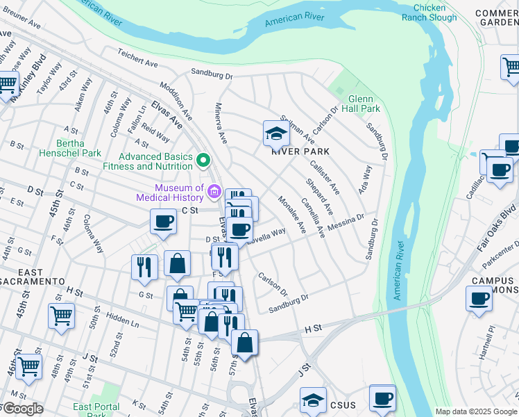 map of restaurants, bars, coffee shops, grocery stores, and more near 5413 Moddison Avenue in Sacramento