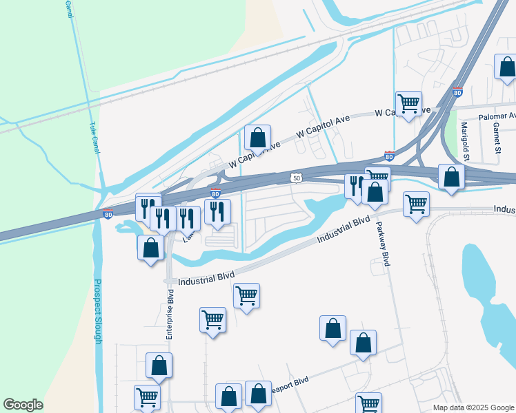 map of restaurants, bars, coffee shops, grocery stores, and more near 3901 Lake Road in West Sacramento