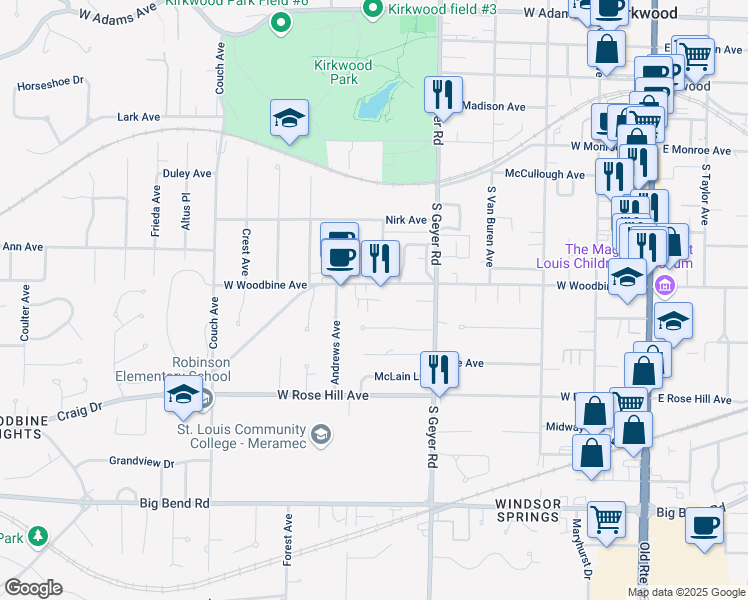 map of restaurants, bars, coffee shops, grocery stores, and more near 542 Wooddell Court in Saint Louis