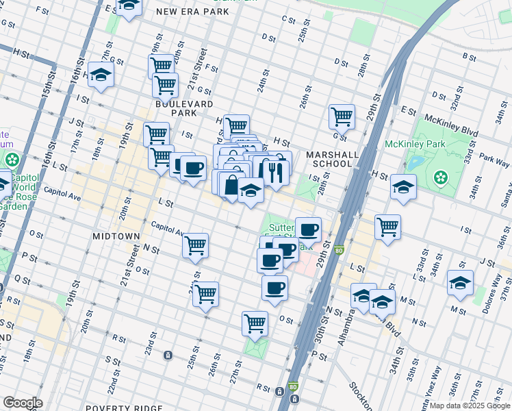 map of restaurants, bars, coffee shops, grocery stores, and more near 2525 K Street in Sacramento