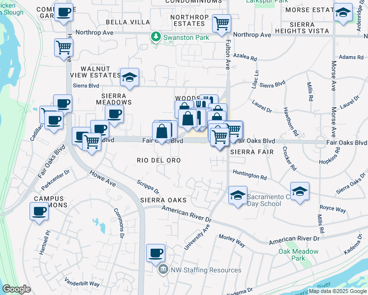 map of restaurants, bars, coffee shops, grocery stores, and more near 2410 Fair Oaks Boulevard in Sacramento