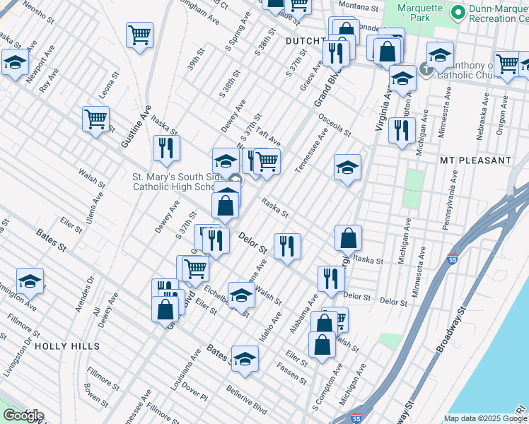 map of restaurants, bars, coffee shops, grocery stores, and more near 3550 Itaska Street in St. Louis