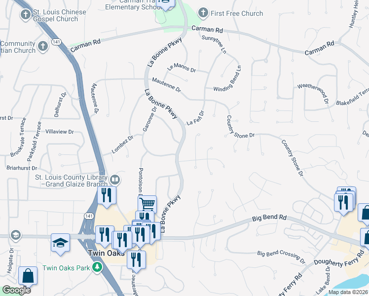 map of restaurants, bars, coffee shops, grocery stores, and more near 858 La Bonne Parkway in Ballwin
