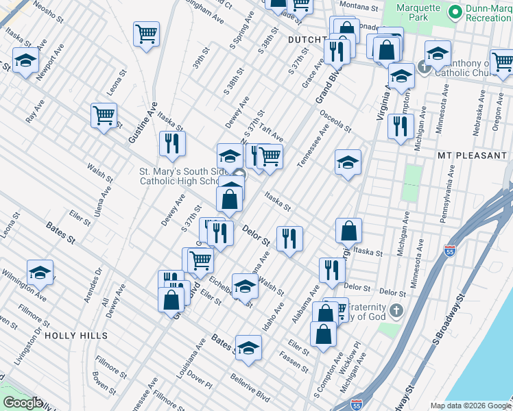 map of restaurants, bars, coffee shops, grocery stores, and more near 3550 Itaska Street in St. Louis