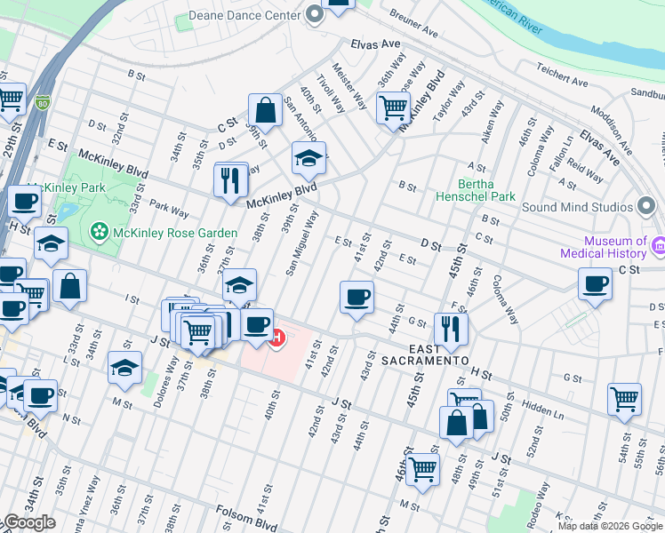 map of restaurants, bars, coffee shops, grocery stores, and more near 548 40th Street in Sacramento