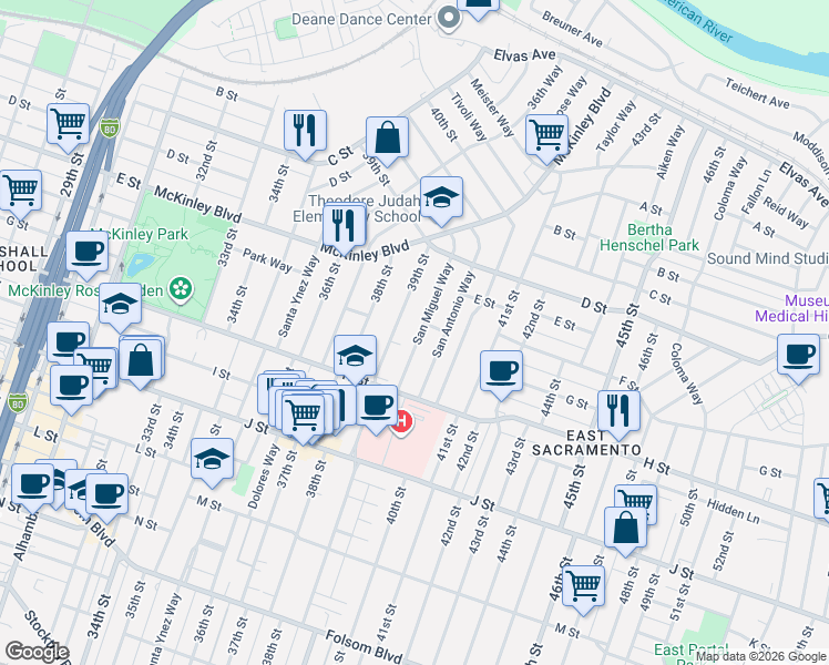map of restaurants, bars, coffee shops, grocery stores, and more near 601 San Miguel Way in Sacramento