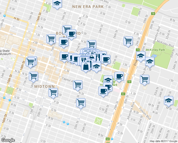 map of restaurants, bars, coffee shops, grocery stores, and more near 2416 K Street in Sacramento