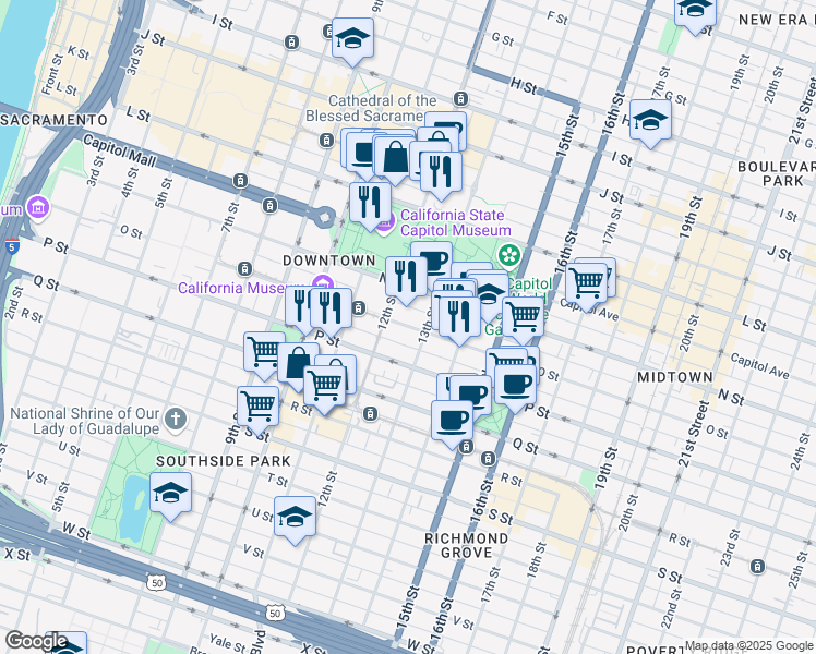 map of restaurants, bars, coffee shops, grocery stores, and more near 1215 O Street in Sacramento