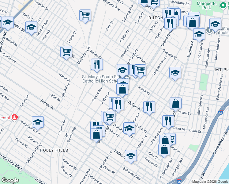 map of restaurants, bars, coffee shops, grocery stores, and more near 4715 South Grand Boulevard in St. Louis