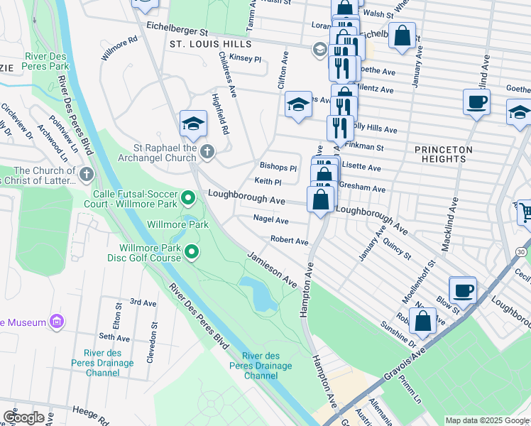 map of restaurants, bars, coffee shops, grocery stores, and more near 6210 Loughborough Avenue in St. Louis