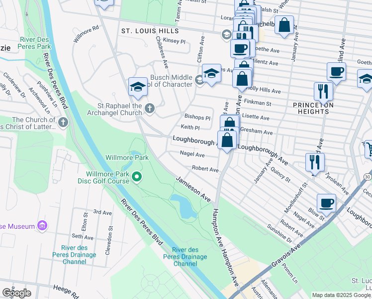 map of restaurants, bars, coffee shops, grocery stores, and more near 6210 Loughborough Avenue in St. Louis