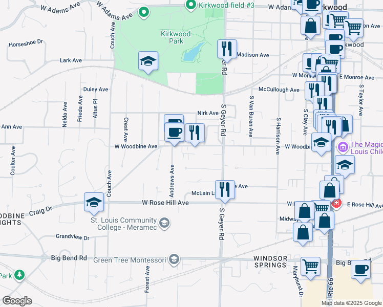map of restaurants, bars, coffee shops, grocery stores, and more near 626 West Woodbine Avenue in Kirkwood