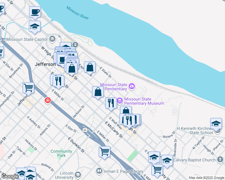 map of restaurants, bars, coffee shops, grocery stores, and more near 126 Marshall Street in Jefferson City