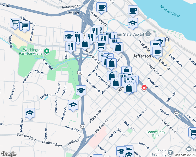 map of restaurants, bars, coffee shops, grocery stores, and more near 300 West Ashley Street in Jefferson City