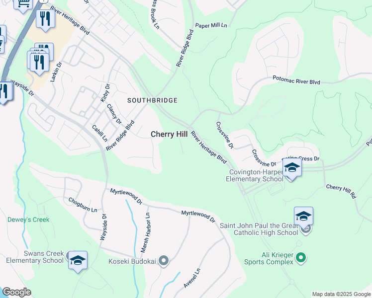 map of restaurants, bars, coffee shops, grocery stores, and more near 17441 Terri Court in Dumfries