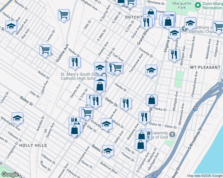 map of restaurants, bars, coffee shops, grocery stores, and more near 3550 Itaska Street in St. Louis